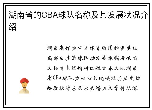 湖南省的CBA球队名称及其发展状况介绍